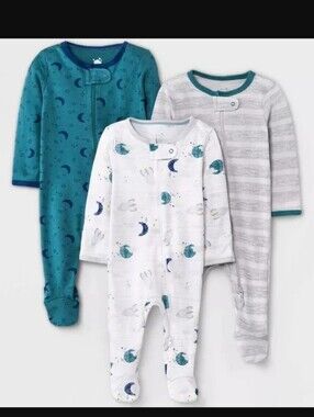 NEW cloud island 3pk Space Long Sleeve Sleepers Footed Pajamas 6-9m